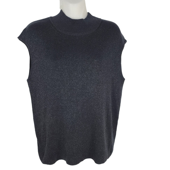 Coldwater Creek Top Large Black Metallic Silk Sleeveless Lurex Shell Mock Neck - Picture 1 of 7